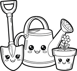 Cute gardening tools coloring page with shovel watering can and plant pot cartoon illustration in simple outline style perfect for kids coloring book printable activity sheet and garden drawing page © MD.Arafat
