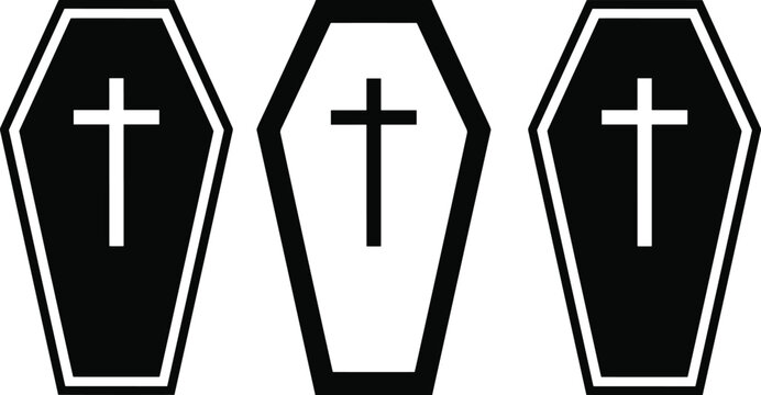 Set of three black and white coffin icons with christian cross symbols isolated on a white background banner.