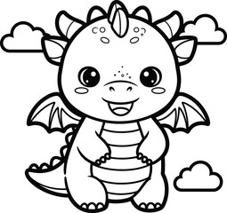 Fototapeta premium Cute baby dragon cartoon coloring page fantasy creature illustration in simple outline style perfect for kids coloring book printable activity sheet and magical fairytale drawing page