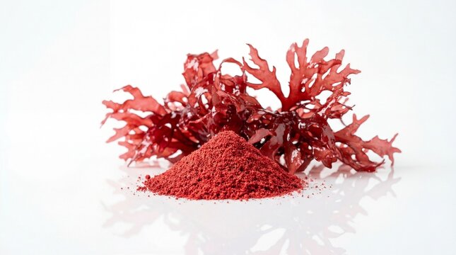 Astaxanthin Red Algae Powder and Seaweed Extract on White Background