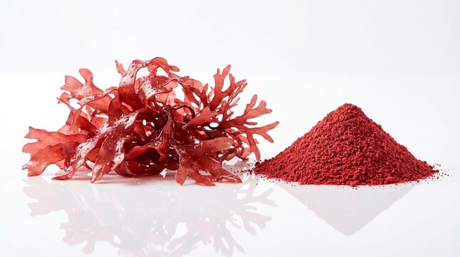 Astaxanthin Red Algae Powder and Seaweed Extract on White Background