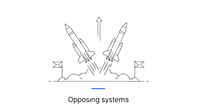 Two opposing missile systems in mid-flight flags on launchpads explosion launchpad illustration military technology competition escalation security conflict opposition transport