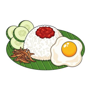 Nasi lemak with rice, sambal, fried anchovies, egg and cucumber slices