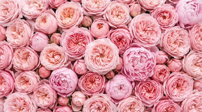 Soft pink roses and peonies bouquet background with delicate overlapping petals