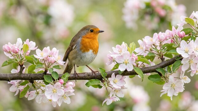 European Robin bird perching on a blooming branch with pink apple blossoms in spring