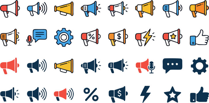 Marketing and Promotion Icon Set &ndash; Megaphone, Loudspeaker, Announcement, Social Media, Advertising Flat Design Vector Icons Collection