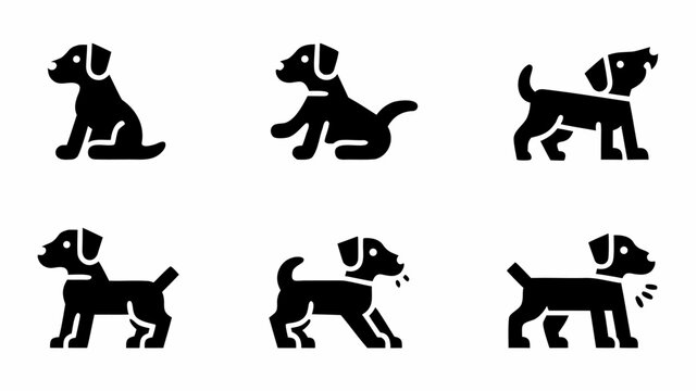 Set of six simple black icons representing dogs in various poses: sitting lying down standing panting with standing domestic silhouette collection illustration minimalist friendly companion
