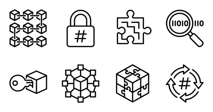Secure cryptographic hash and decentralized puzzle icons for cybersecurity and data privacy software