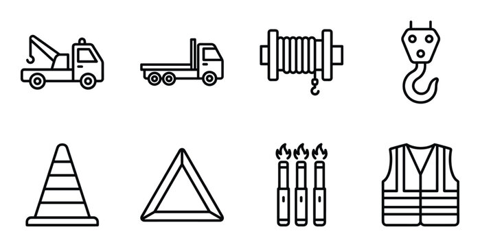 Set of 8 line icons such as tow truck, flatbed truck, winch, hook, traffic cone, warning triangle, signal flares, safety vest