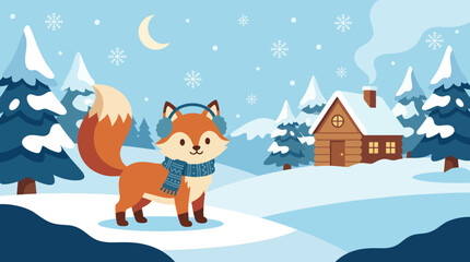 A charming fox in a cozy winter landscape, wearing earmuffs, stands peacefully in the snow, capturing the essence of the winter season's beauty and calm in a delightful scene. © Zhiming