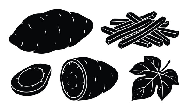 Sweet potato graphics set with whole tuber root sliced pieces french fries sticks and foliage leaf