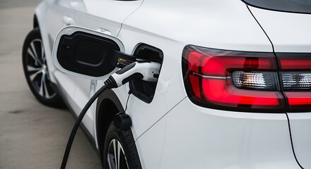 Naklejka premium White electric vehicle charging at station with plug connected to port for sustainable clean energy transport