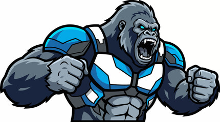 A strong, intimidating gorilla character in futuristic blue armor, flexing its muscles while showcasing power and ferocity, set against a simple background. © Zhiming
