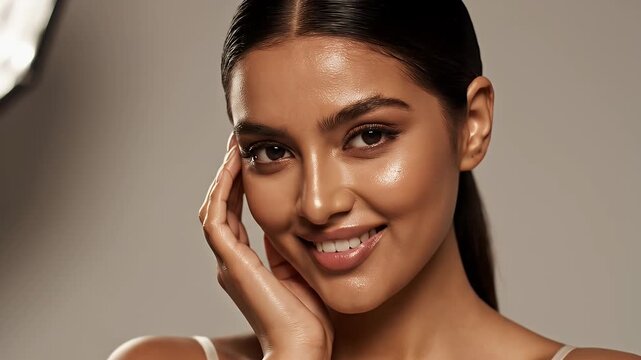 Beauty portrait of a woman with glowing skin - A close-up studio shot captures the radiant complexion of a beautiful young woman. She gently touches her cheek, highlighting her clear, smooth skin.