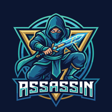 A dynamic assassin character depicted in an action pose, showcasing a stealthy figure in a hooded outfit, equipped with a gleaming sword ready for action.