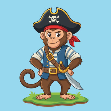 This playful pirate monkey character sports a striking outfit, complete with a sword and a classic pirate hat, exuding a fun and adventurous spirit perfect for casual themes.
