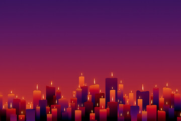 Fototapeta premium Group of lit candles on red and purple gradient background