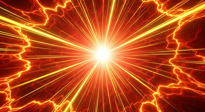 Intense bright light burst with electric sparks and energy rays, abstract red and orange explosion background, power surge and high velocity motion concept for technology and science themes