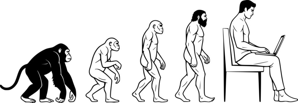Evolution of man from ape to human using a laptop in black and white illustration showing progress
