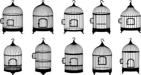 Fototapeta premium Collection of Six Vintage Style Birdcages in Varied Shapes and Designs 