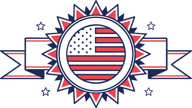 American flag badge with starburst and ribbon independence day