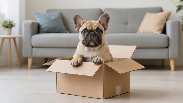 French Bulldog puppy sitting inside a cardboard box in a living room w.