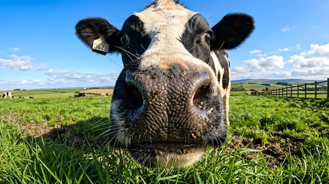 Curious black and white cow's face in wide-angle close-up, grazing lush green field under clear blue sky, depicting rural farm life