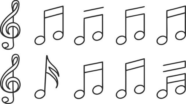Black and white musical notes doodle collection with treble clef eighth notes quarter notes