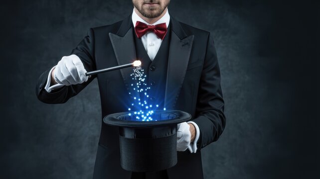 Professional magician performing magic trick with glowing digital particles in dark studio