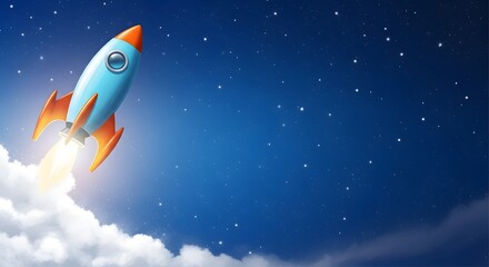 Fototapeta premium A rocket ship soaring through the night sky with vibrant orange fins and a trail of flames