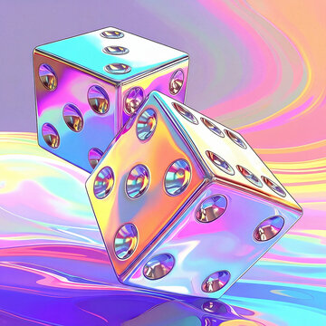 Two Floating Polished Holographic Chrome Dice, Iridescent Swirl Background
