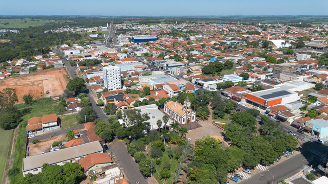 Aerial drone view of Bady Bassitt city in Sao Paulo state, Brazil. Residential neighborhoods, urban development and expansion of a small Brazilian town in the countryside