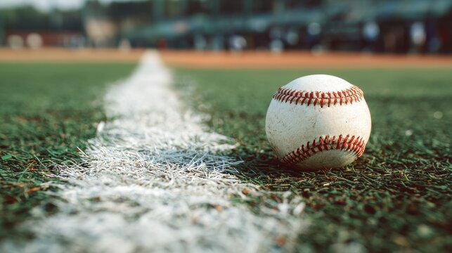 Baseball on green grass next to a white foul line in a stadium