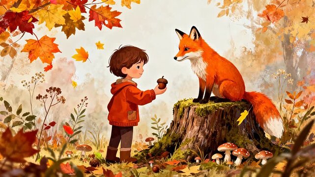 Child and fox in autumn forest