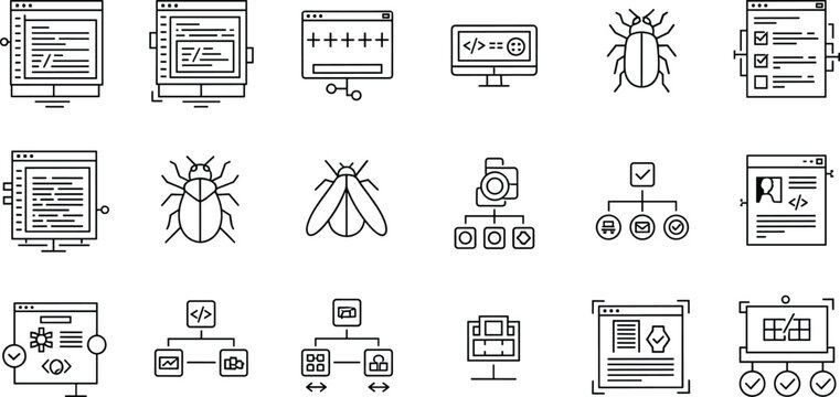 Software development and debugging icons set coding bugs testing interface vector illustration minimal outline programming collection design