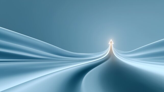 Smooth flowing blue lines converge toward bright white upward arrow with illuminated tip against gradient background representing progress aspiration forward momentum and dynamic growth direction
