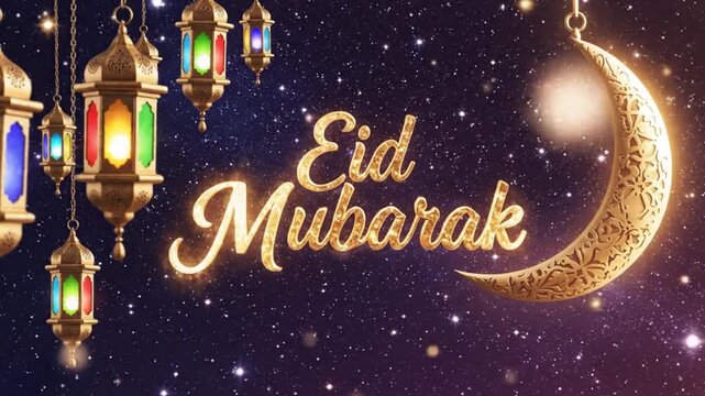 Eid Mubarak Text Animation With Golden Sparkling Greeting Lanterns Crescent Moon Night Sky Stars