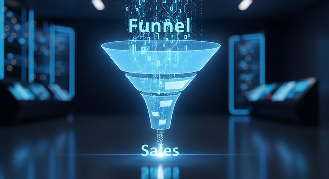 Digital sales funnel with data flow isolated on transparent background
