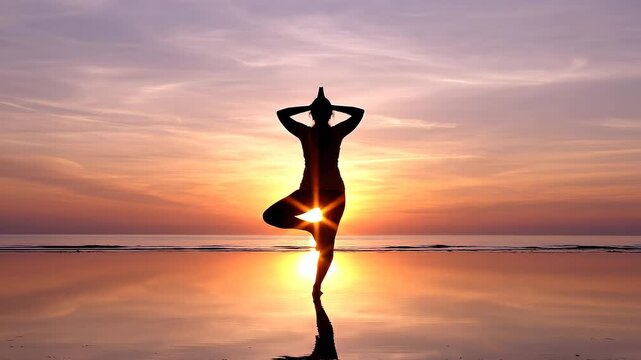 A female yoga silhouette in a serene tree pose on a reflective beach surface during a vibrant sunset. Perfect for meditation, yoga, and wellness content.