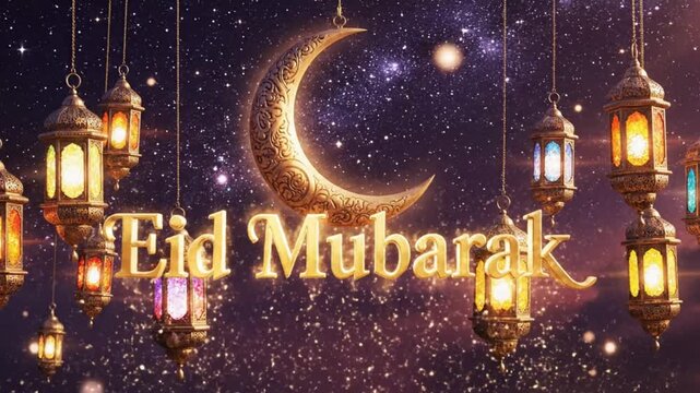 Eid Mubarak Text Animation With Golden Sparkling Greeting Lanterns Crescent Moon Night Sky Stars