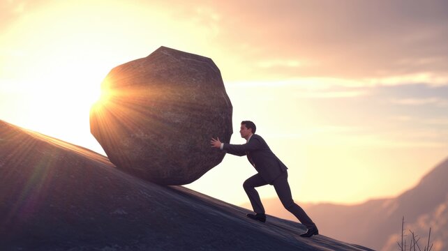 man pushing large boulder up a hill at sunset