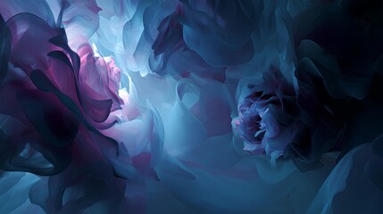Fototapeta premium Mystical Floral Fantasy: An ethereal close-up unveils an enchanting array of delicate petals, dancing in a symphony of indigo, mauve, and cerulean hues, as though emerging from a dream. 