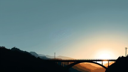Fototapeta premium Bridge Silhouette at Sunrise: A scenic depiction of a bridge, perfectly silhouetted against the dawn sky, spanning a valley under the radiant hues of a sunrise. 