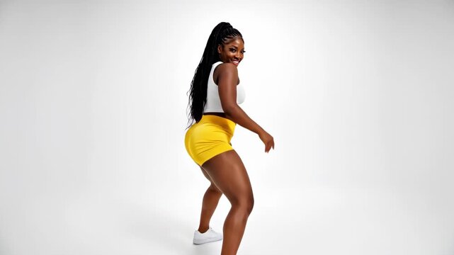 Energetic woman showcases a vibrant dance routine against a clean white background setting the