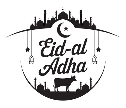 Eid-al Adha Celebration Silhouette with Mosque and Cow