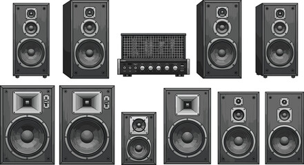 Fototapeta premium Set of audio speakers and amplifier equipment isolated on white background sound system vector illustration collection