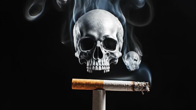 Imagery of smoke transforming into a skull, an unsettling consequence of cigarette smoking and