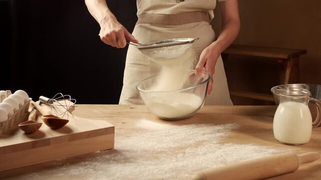 Unrecognizable baker in an apron sifting flour through a sieve into a glass bowl in slow motion on a wooden table