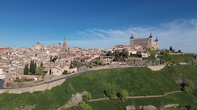 Aerial view of Toledo historic skyline with Alcazar and Cathedral, medieval cityscape in Castilla La Mancha Spain