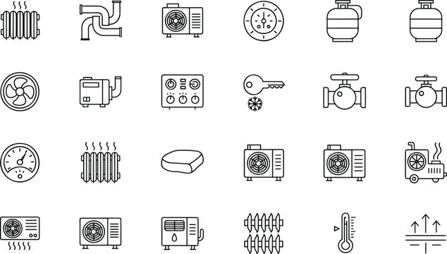 HVAC and climate control systems vector icon set featuring air conditioning heating ventilation units radiators and industrial cooling equipment.